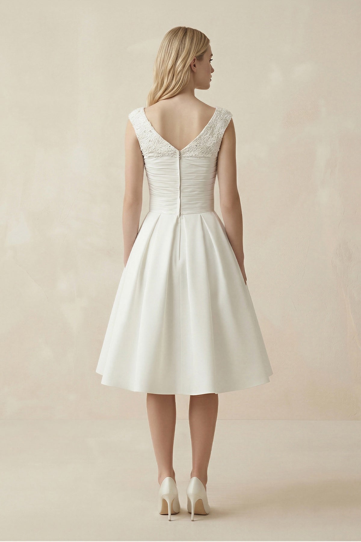V-Neck Satin A-Line Midi Beaded Wedding Dress in White, White / Custom Size( Free )