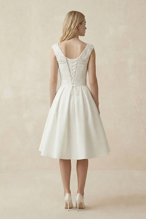 V - Neck Satin A - Line Midi Beaded Wedding Dress in White - KissProm Wedding Dresses