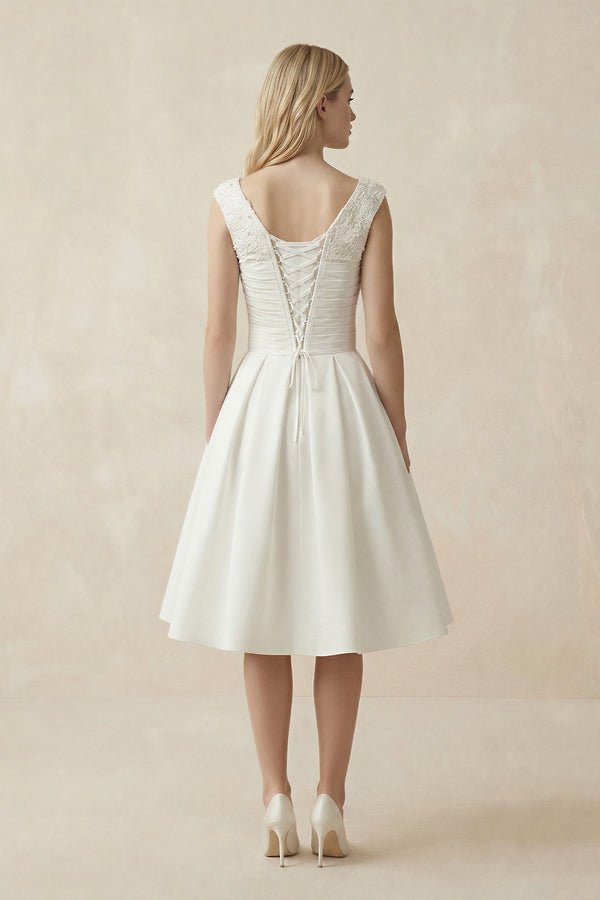 V - Neck Satin A - Line Midi Beaded Wedding Dress in White - KissProm Wedding Dresses