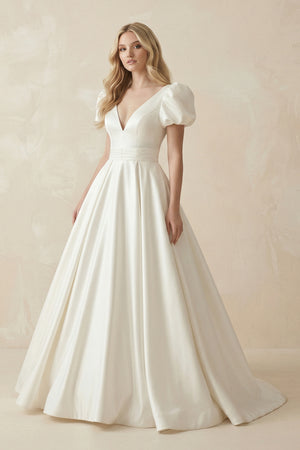Elegant A Line V Neck White Wedding Dress with Short Sleeves – Wedding Dresses by KissProm | Available at KissProm