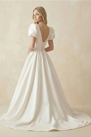Elegant A Line V Neck White Wedding Dress with Short Sleeves – Wedding Dresses by KissProm | Available at KissProm