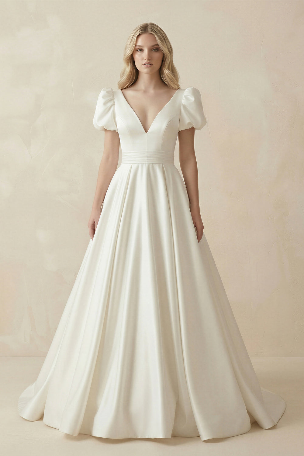 Elegant A Line V Neck White Wedding Dress with Short Sleeves – Wedding Dresses by KissProm | Available at KissProm