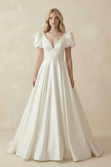 Elegant A Line V Neck White Wedding Dress with Short Sleeves – Wedding Dresses by KissProm | Available at KissProm