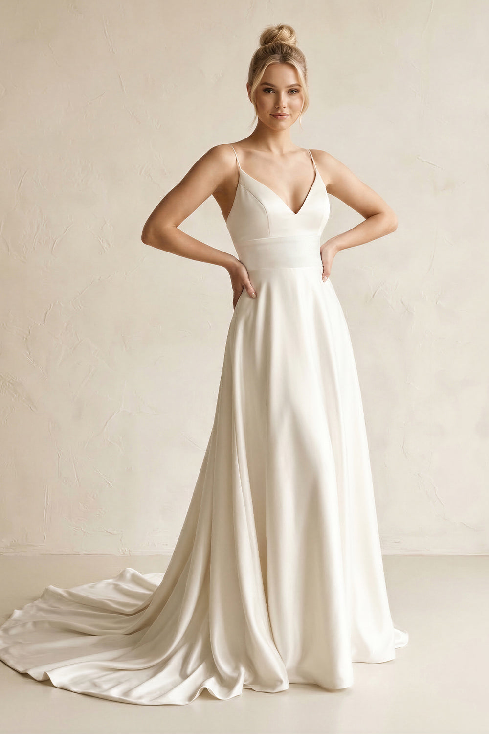 Elegant A Line V Neck Straps Satin Wedding Dresses – Wedding Dresses by KissProm | Available at KissProm