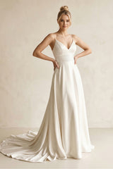 Elegant A Line V Neck Straps Satin Wedding Dresses – Wedding Dresses by KissProm | Available at KissProm