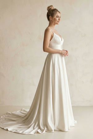 Elegant A Line V Neck Straps Satin Wedding Dresses – Wedding Dresses by KissProm | Available at KissProm