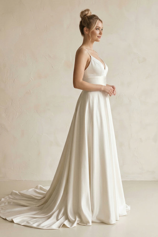 Elegant A Line V Neck Straps Satin Wedding Dresses – Wedding Dresses by KissProm | Available at KissProm