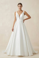 Ivory A-Line Deep V-Neck Long Wedding Dress with Bowknot – Wedding Dresses by KissProm | Available at KissProm