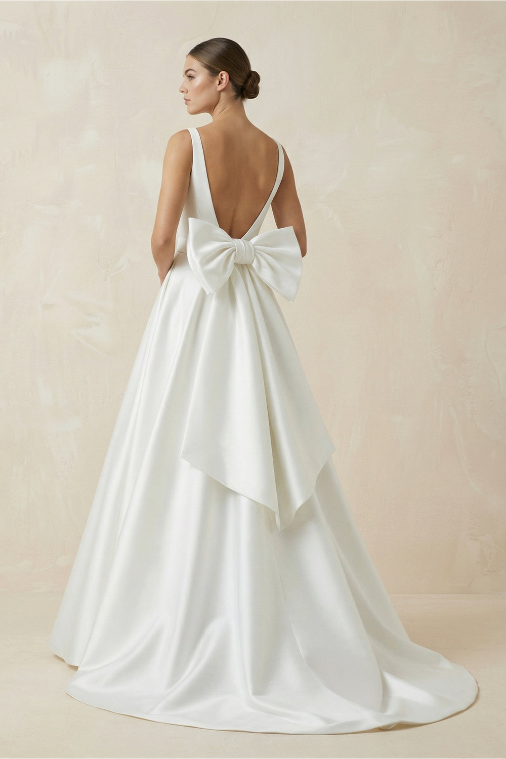 Ivory A-Line Deep V-Neck Long Wedding Dress with Bowknot – Wedding Dresses by KissProm | Available at KissProm