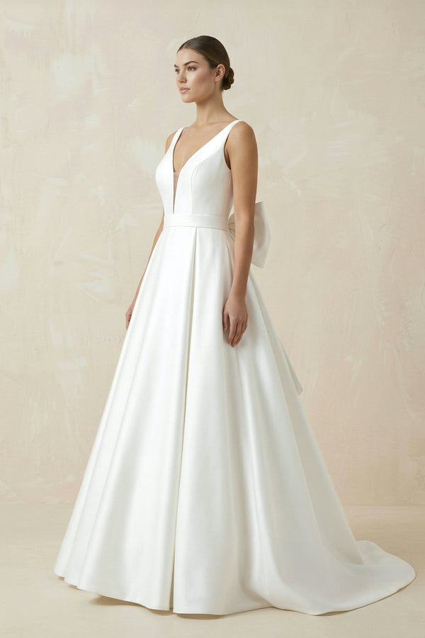 Ivory A-Line Deep V-Neck Long Wedding Dress with Bowknot – Wedding Dresses by KissProm | Available at KissProm
