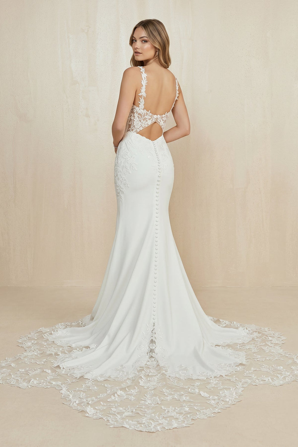 V Neck Satin Mermaid Appliqued Wedding Dress in White - KissProm Wedding Dresses