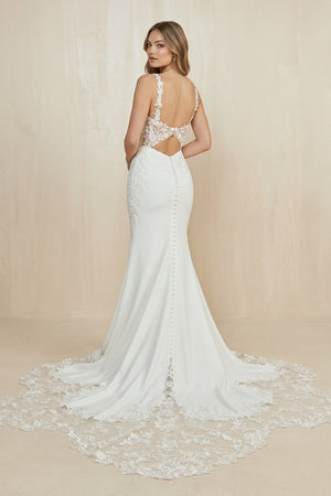 V Neck Satin Mermaid Appliqued Wedding Dress in White - KissProm Wedding Dresses