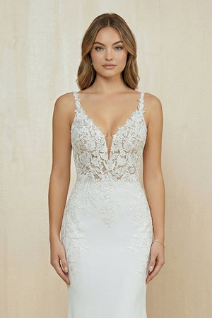 V Neck Satin Mermaid Appliqued Wedding Dress in White - KissProm Wedding Dresses