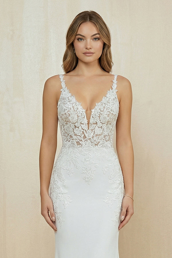 V Neck Satin Mermaid Appliqued Wedding Dress in White - KissProm Wedding Dresses