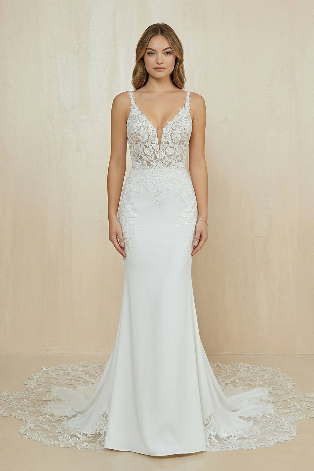 V Neck Satin Mermaid Appliqued Wedding Dress in White - KissProm Wedding Dresses