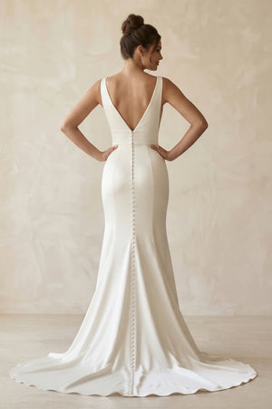 Elegant Mermaid V Neck Satin Long Wedding Dresses with Train – Wedding Dresses by KissProm | Available at KissProm