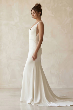 Elegant Mermaid V Neck Satin Long Wedding Dresses with Train – Wedding Dresses by KissProm | Available at KissProm