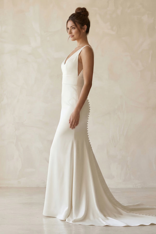 Elegant Mermaid V Neck Satin Long Wedding Dresses with Train – Wedding Dresses by KissProm | Available at KissProm