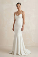 V - Neck Satin Mermaid Ruched Wedding Dress in White - KissProm Wedding Dresses