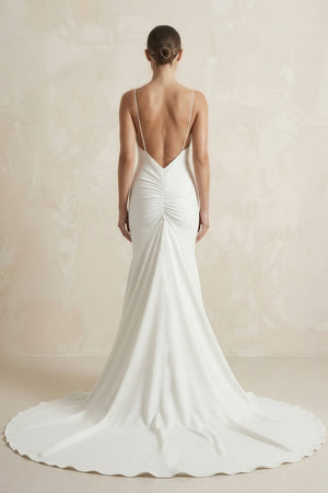 V - Neck Satin Mermaid Ruched Wedding Dress in White - KissProm Wedding Dresses