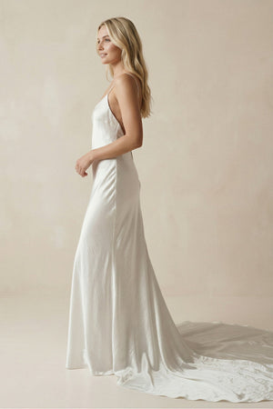 V - Neck Satin Mermaid V Back Wedding Dress in White - KissProm Wedding Dresses