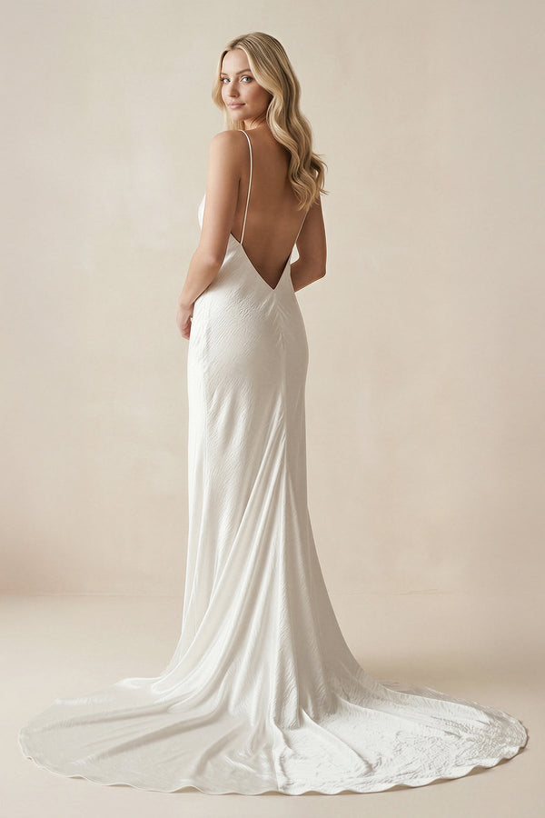 V - Neck Satin Mermaid V Back Wedding Dress in White - KissProm Wedding Dresses