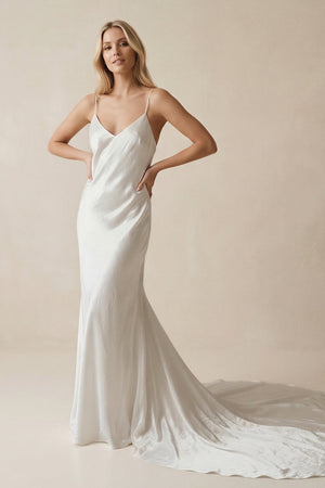 V - Neck Satin Mermaid V Back Wedding Dress in White - KissProm Wedding Dresses