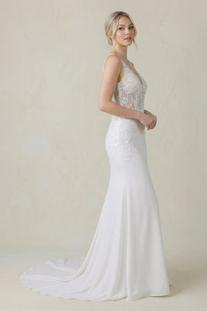 V Neck Satin Mermaid Wedding Dress in White - KissProm Wedding Dresses