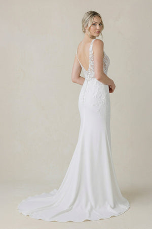 V Neck Satin Mermaid Wedding Dress in White - KissProm Wedding Dresses
