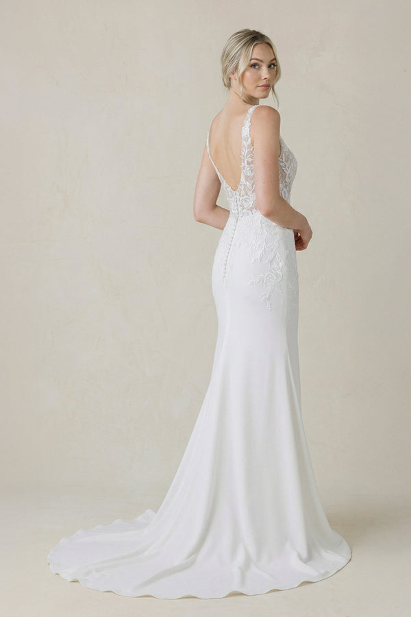V Neck Satin Mermaid Wedding Dress in White - KissProm Wedding Dresses