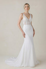 V Neck Satin Mermaid Wedding Dress in White - KissProm Wedding Dresses