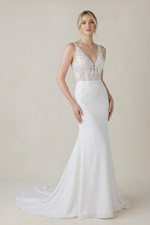 V Neck Satin Mermaid Wedding Dress in White - KissProm Wedding Dresses