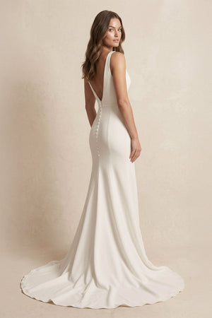 V - Neck Satin Mermaid Wedding Dress With Slit in Ivory - KissProm Wedding Dresses