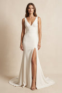 V - Neck Satin Mermaid Wedding Dress With Slit in Ivory - KissProm Wedding Dresses