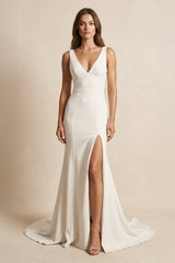 V - Neck Satin Mermaid Wedding Dress With Slit in Ivory - KissProm Wedding Dresses
