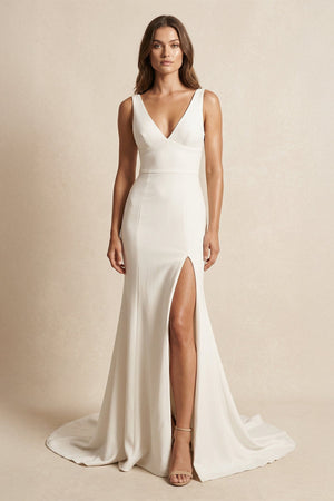 V - Neck Satin Mermaid Wedding Dress With Slit in Ivory - KissProm Wedding Dresses