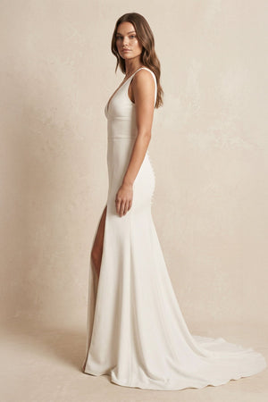 V - Neck Satin Mermaid Wedding Dress With Slit in Ivory - KissProm Wedding Dresses