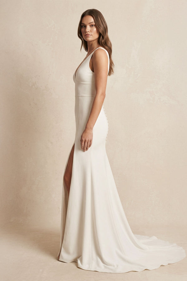 V - Neck Satin Mermaid Wedding Dress With Slit in Ivory - KissProm Wedding Dresses