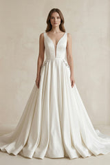 V - Neck Satin Ruched Ball Gown Wedding Dress in White - KissProm Wedding Dresses