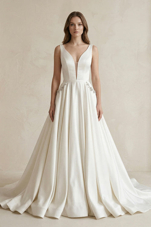 V - Neck Satin Ruched Ball Gown Wedding Dress in White - KissProm Wedding Dresses