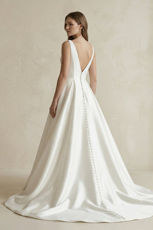 V - Neck Satin Ruched Ball Gown Wedding Dress in White - KissProm Wedding Dresses
