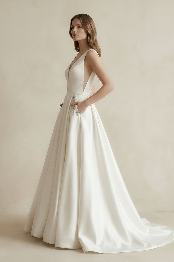 V - Neck Satin Ruched Ball Gown Wedding Dress in White - KissProm Wedding Dresses