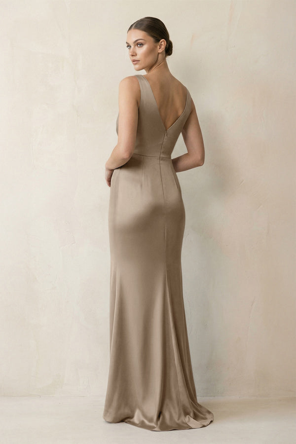 V - Neck Satin Ruched Sheath Bridesmaid Dress in Almond - KissProm Bridesmaid Dresses