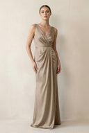 V - Neck Satin Ruched Sheath Bridesmaid Dress in Almond - KissProm Bridesmaid Dresses