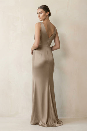 V - Neck Satin Ruched Sheath Bridesmaid Dress in Almond - KissProm Bridesmaid Dresses