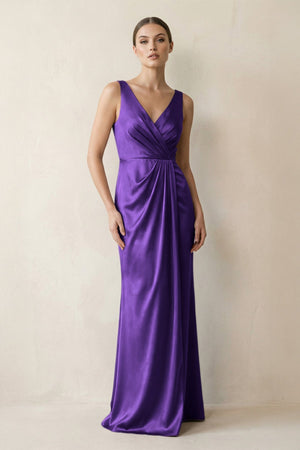 V - Neck Satin Ruched Sheath Bridesmaid Dress in Amethyst - KissProm Bridesmaid Dresses
