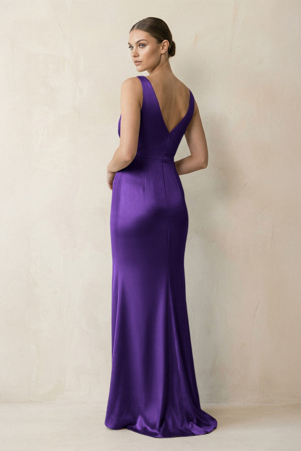 V - Neck Satin Ruched Sheath Bridesmaid Dress in Amethyst - KissProm Bridesmaid Dresses