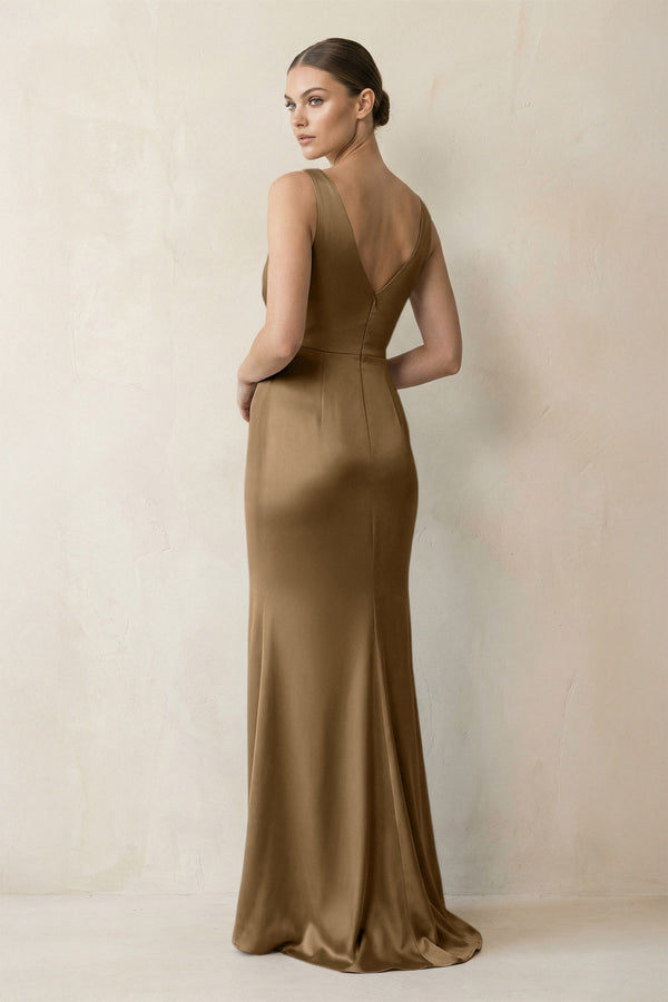 V - Neck Satin Ruched Sheath Bridesmaid Dress in Apple Cinnamon - KissProm Bridesmaid Dresses
