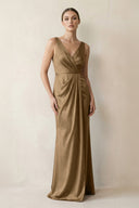 V - Neck Satin Ruched Sheath Bridesmaid Dress in Apple Cinnamon - KissProm Bridesmaid Dresses