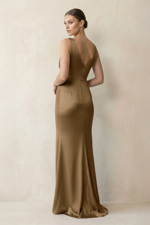 V - Neck Satin Ruched Sheath Bridesmaid Dress in Apple Cinnamon - KissProm Bridesmaid Dresses